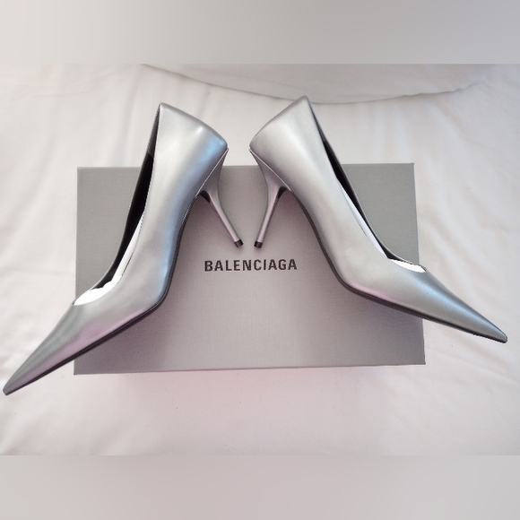 Balenciaga Square Knife 80mm Metallic Silver Calfskin Leather Pumps Size E37 US7 - Picture 1 of 16